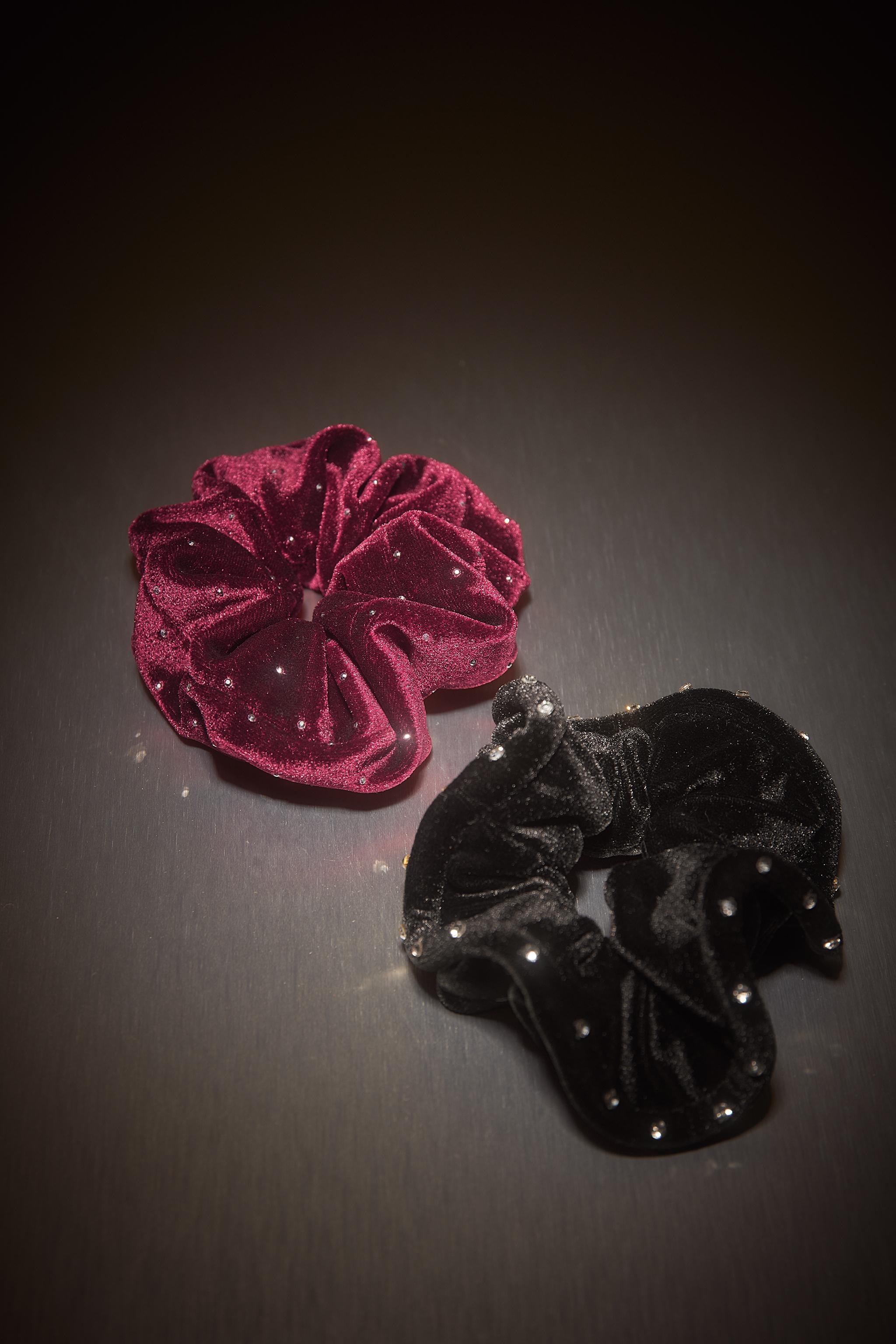 TWO-PACK OF VELVET RHINESTONE SCRUNCHIES